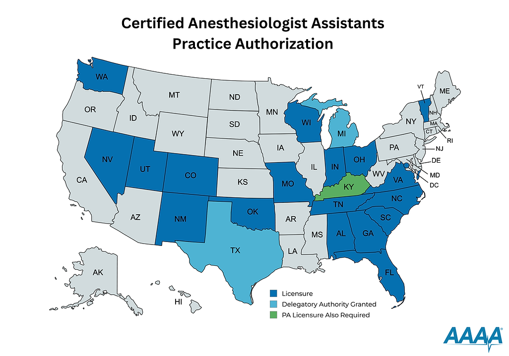 CAA Practice Authorization Map Oct 2026 Certified Anesthesiologist Assistants Practice Authorization map of the United States by the American Academy of Anesthesiologist Assistants (AAAA)